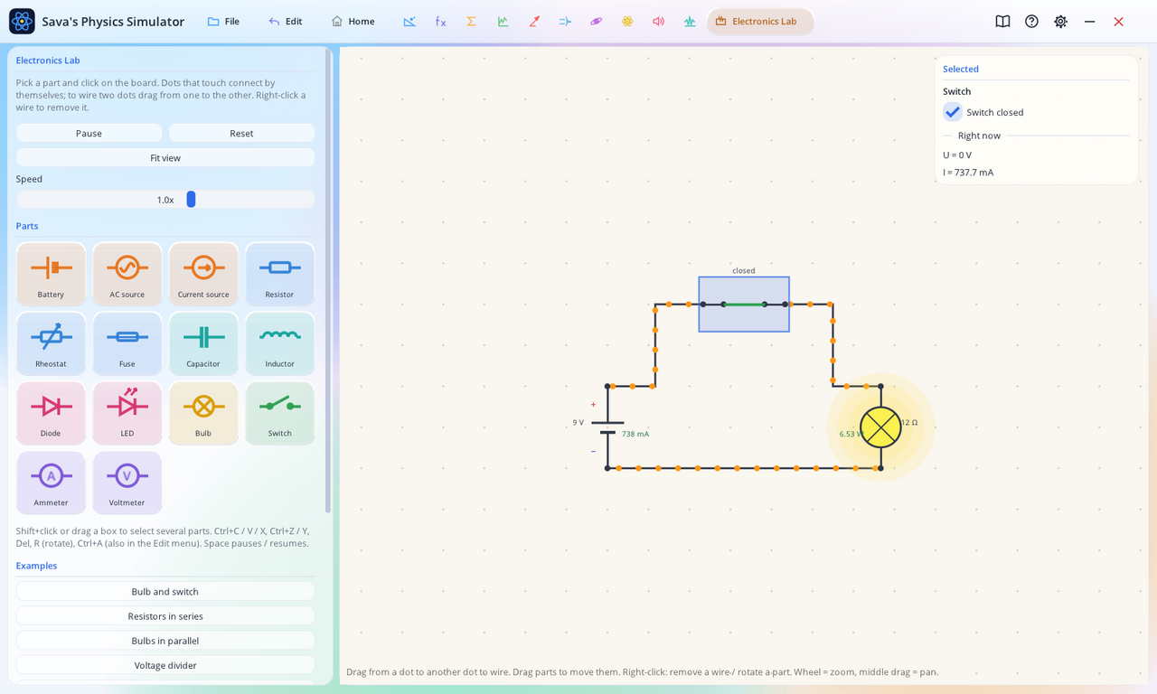 Electronics Lab circuit with a closed switch lighting a bulb, current animated along the wires