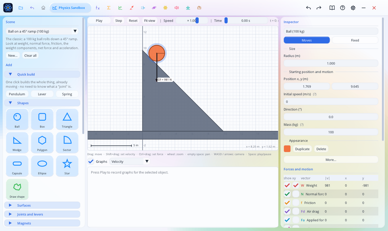 Sava's Physics Simulator — Physics Sandbox showing a ball on a 45 degree ramp with live force vectors